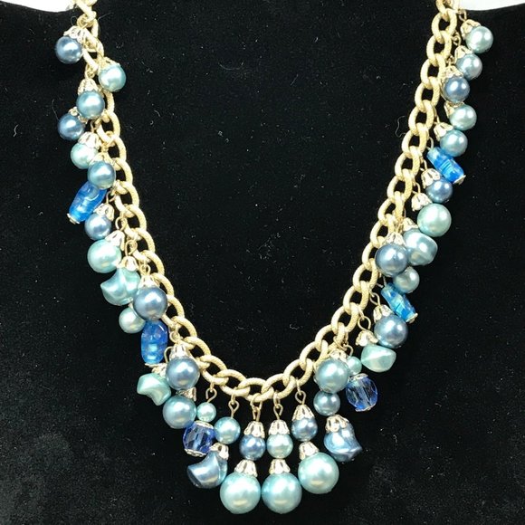 Blue Faux Pearl Gold Tone Cobalt Blue Filagree VTG Necklace Artist Statement ret